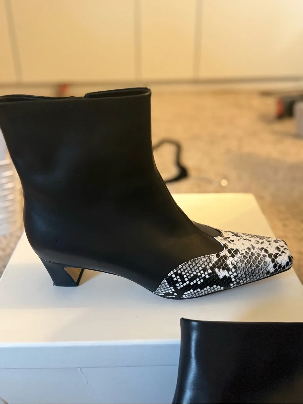Designer Ankle Boots with Black-and-White Snake-Print Toe US 8